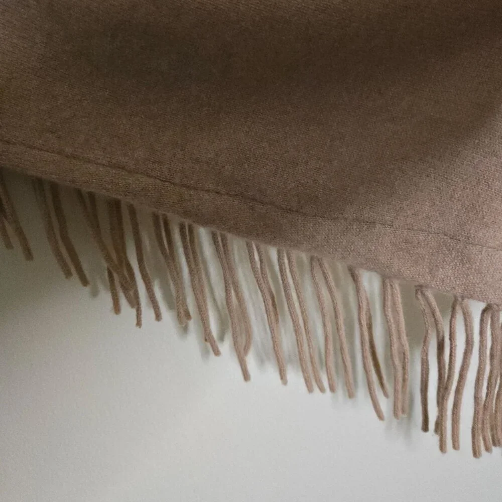 Minnie Rose Fringe Cardigan Caramel 100% Cashmere Open Front Pockets Size L